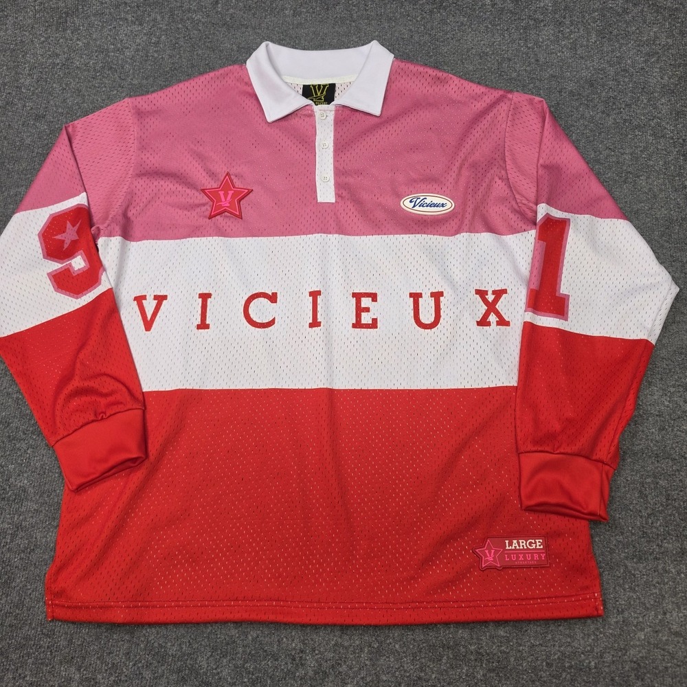 Vicieux Lux Athletics Rugby Jersey Men's Large Mesh Polo Pink Red White